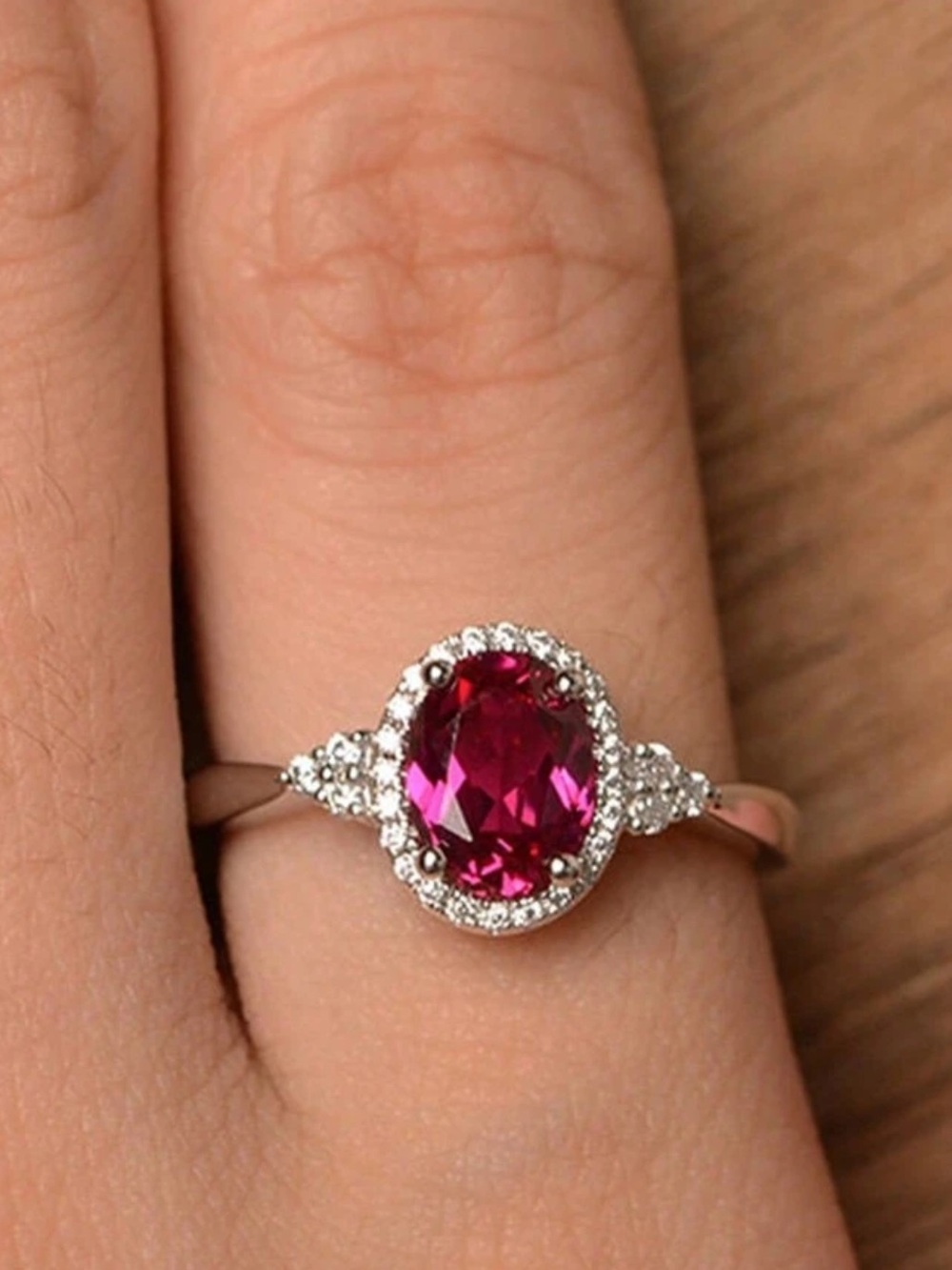 Hot Pink Oval Halo Ring with Cz Diamonds